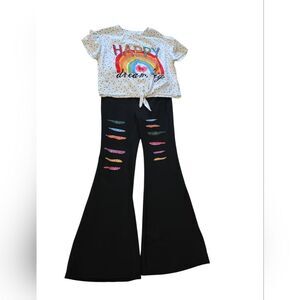 Colorful Graphic Tee and Black Flare Pants Set Size 9